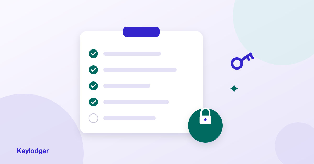 Checklist clipboard with completed items beside a padlock badge and a key