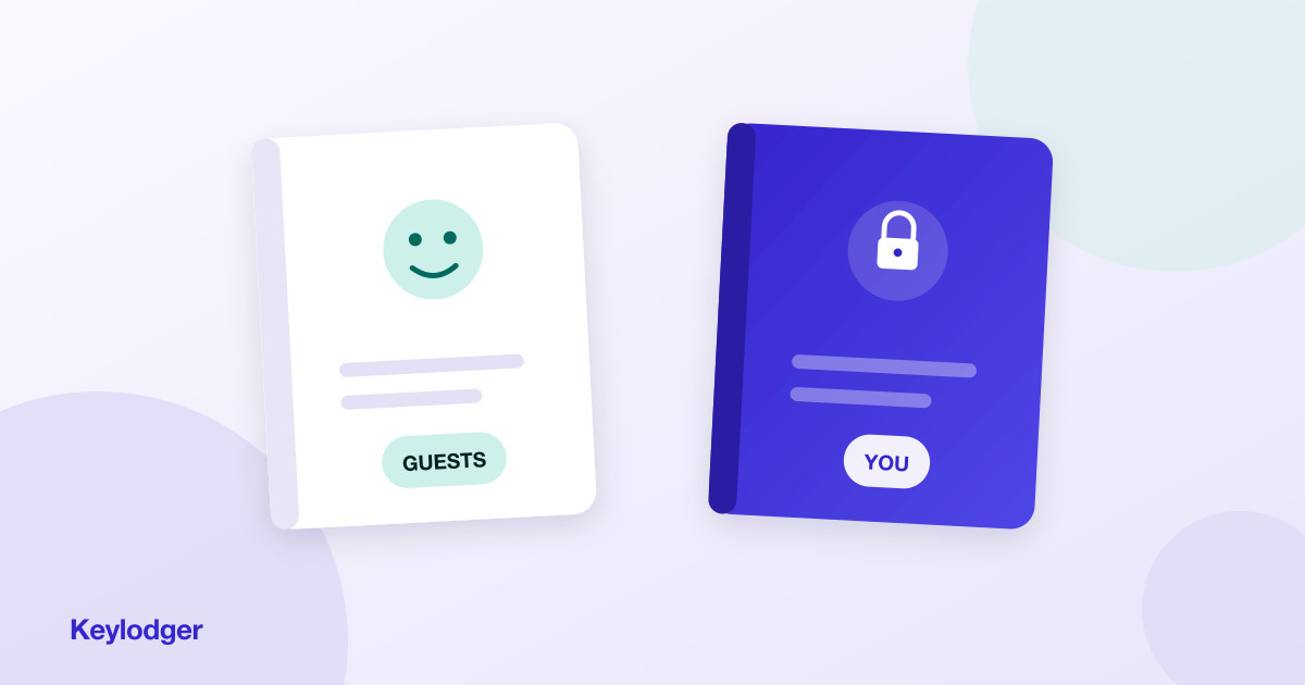 A friendly guest house manual beside a locked indigo owner's manual