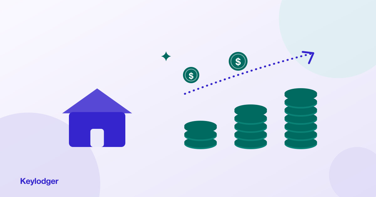 House beside a rising stack of dollar coins with an upward trend arrow, representing short-term rental passive income