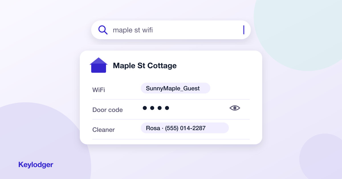 Property record card showing WiFi, a masked door code, and a cleaner contact beneath a search bar