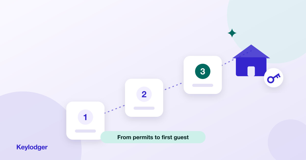 Three numbered step cards connected by a dotted path leading to a house with a key, representing launching an Airbnb business