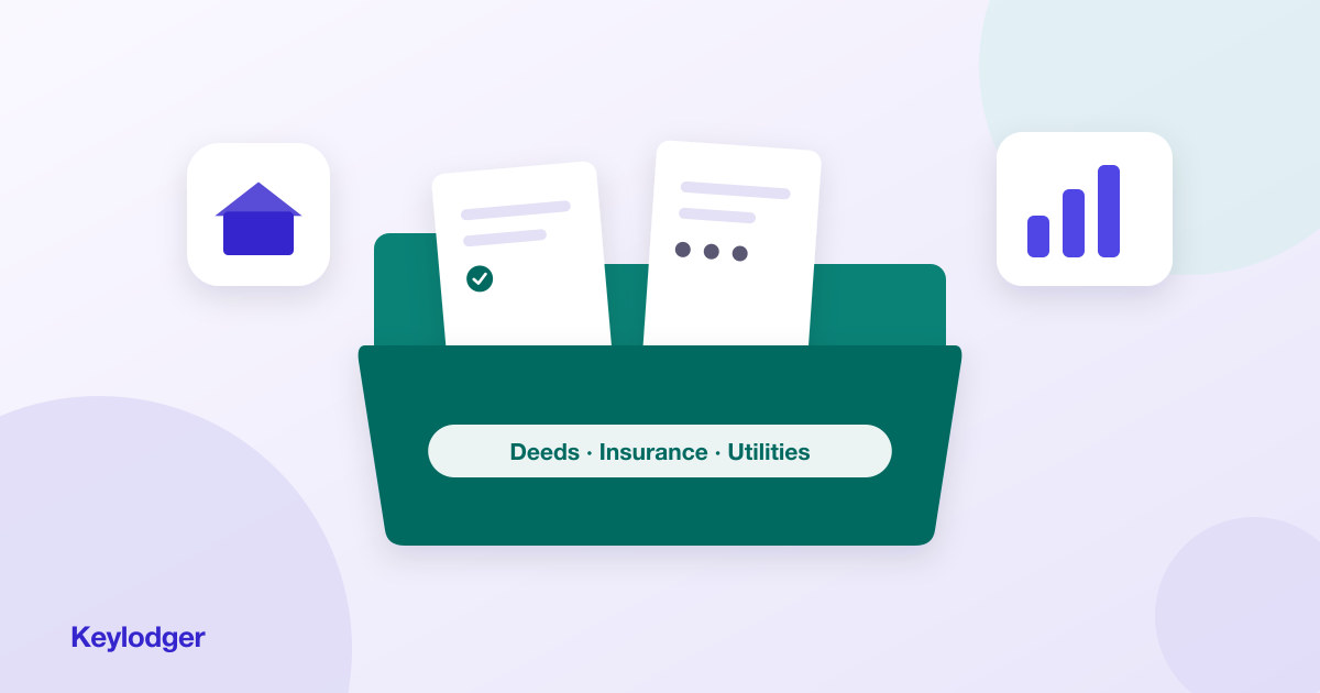 Folder labeled deeds, insurance, and utilities holding property documents, flanked by house and chart icons