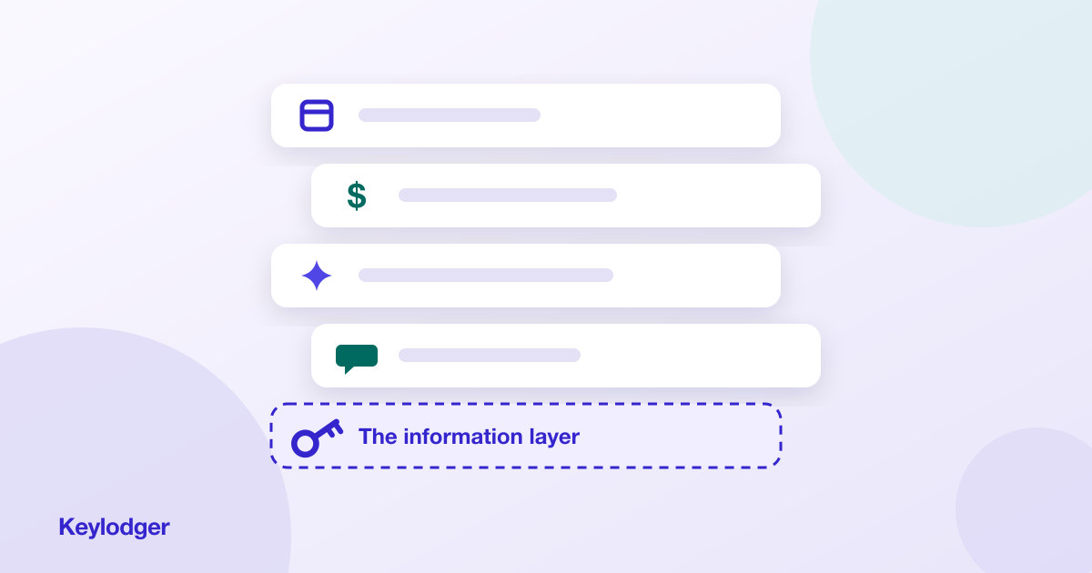 Stack of software layer cards for an STR tech stack with a dashed layer holding a key labeled the information layer