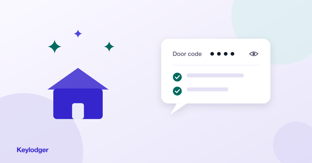 House with cleaning sparkles beside a chat bubble showing a masked door code and completed checklist items